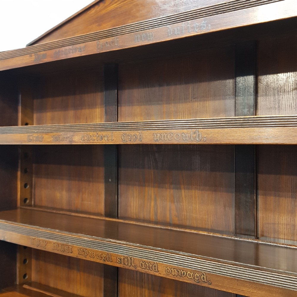 ANTIQUE ARTS & CRAFTS OAK OPEN BOOKCASE WITH WORDING OF THE POEM  “ THE PRESENT CRISIS” by JAMES RUSSELL LOWELL C1890 View IX