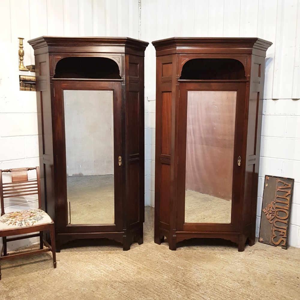 ANTIQUE PAIR ART NOUVEAU MAHOGANY CORNER WARDROBES C1890
