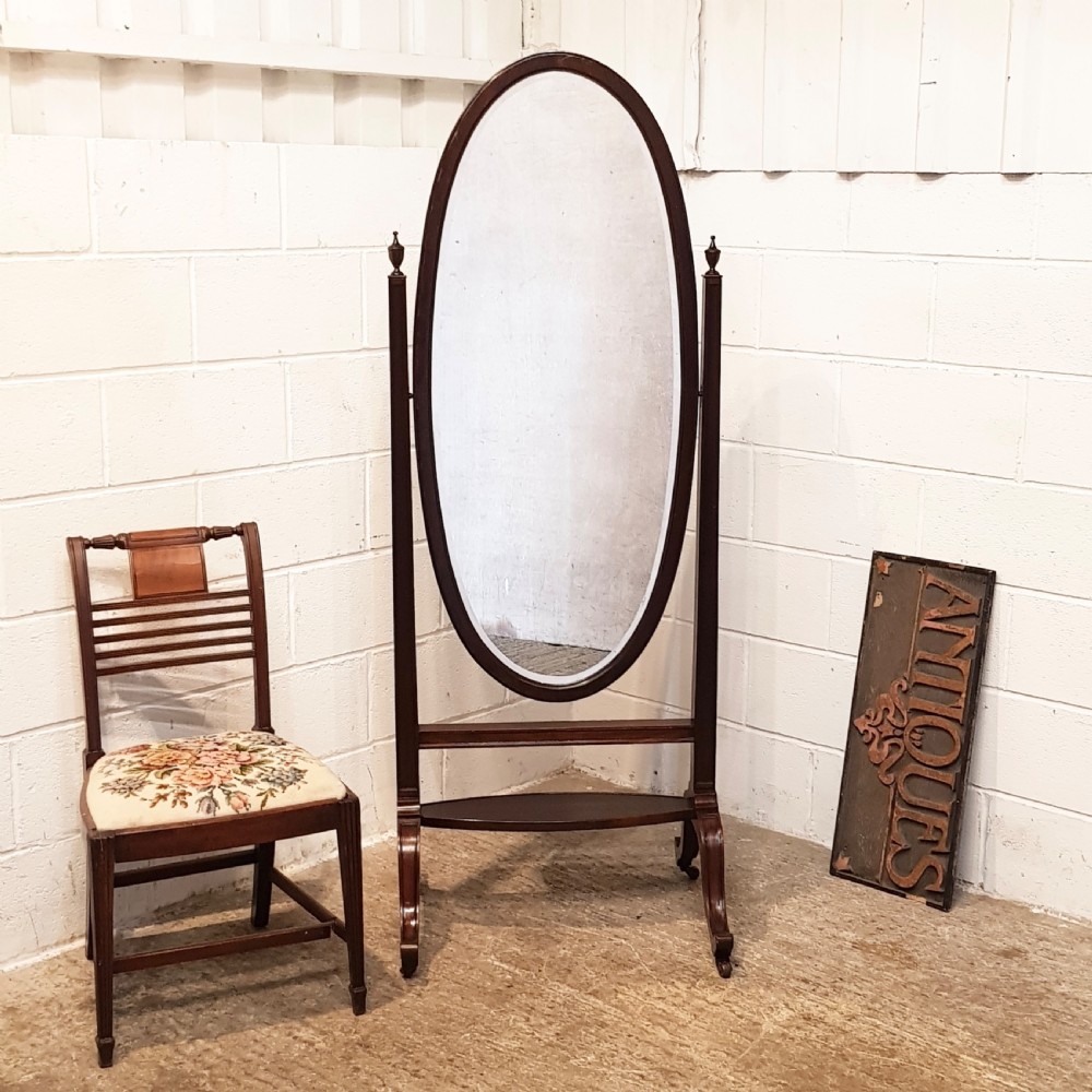 ANTIQUE EDWARDIAN MAHOGANY OVAL CHEVAL MIRROR C1900
