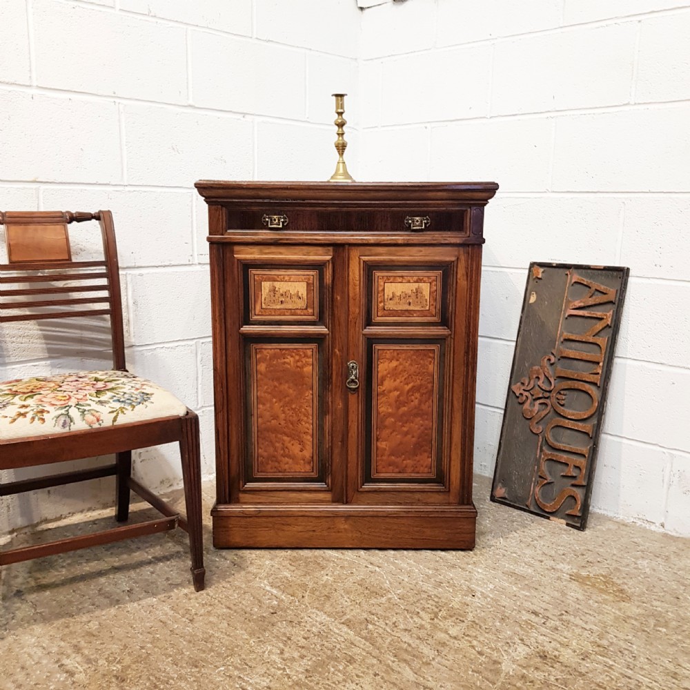 ANTIQUE LATE VICTORIAN ROSEWOOD BURR WALNUT & EBONY SIDE CABINET  C1890