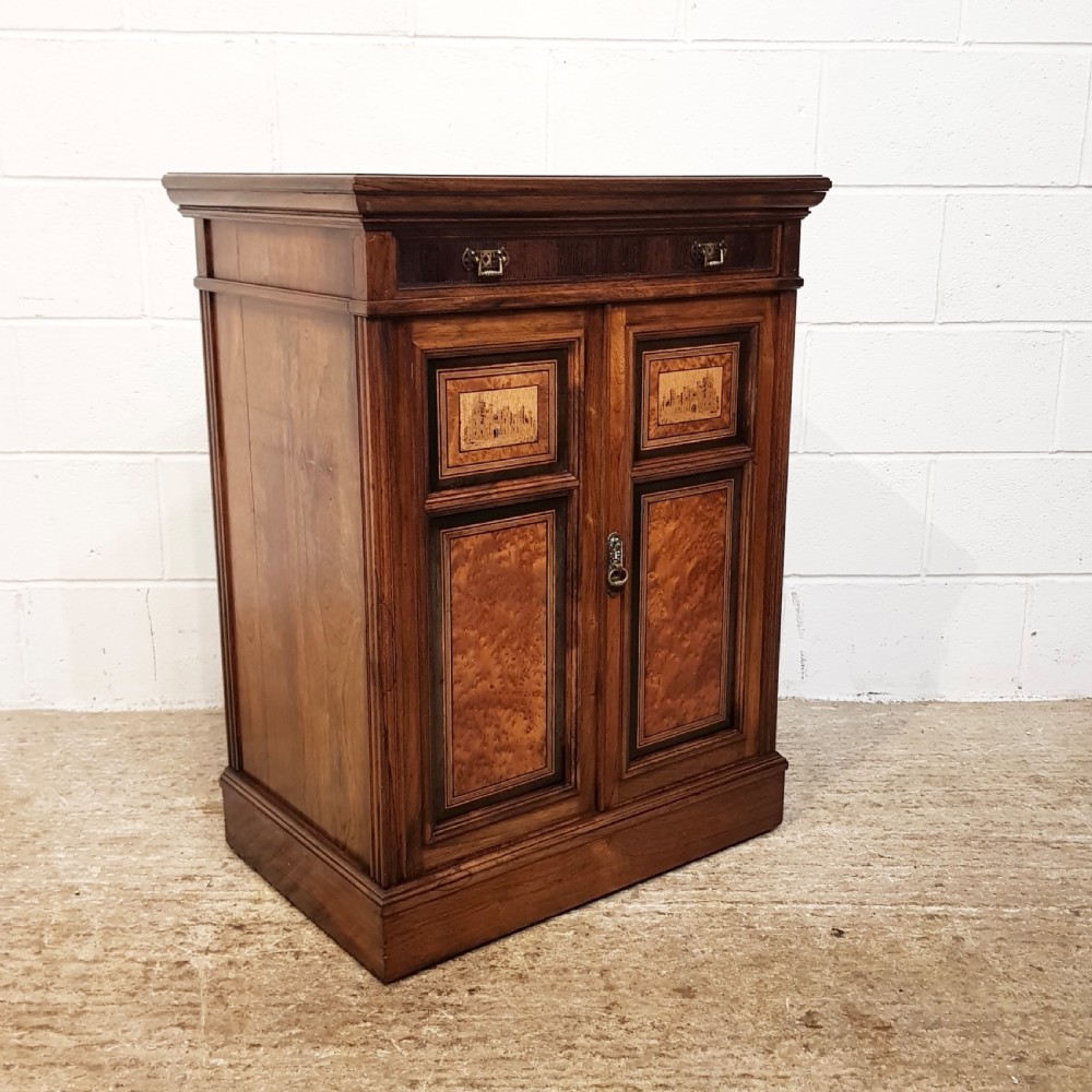 ANTIQUE LATE VICTORIAN ROSEWOOD BURR WALNUT & EBONY SIDE CABINET  C1890 View III