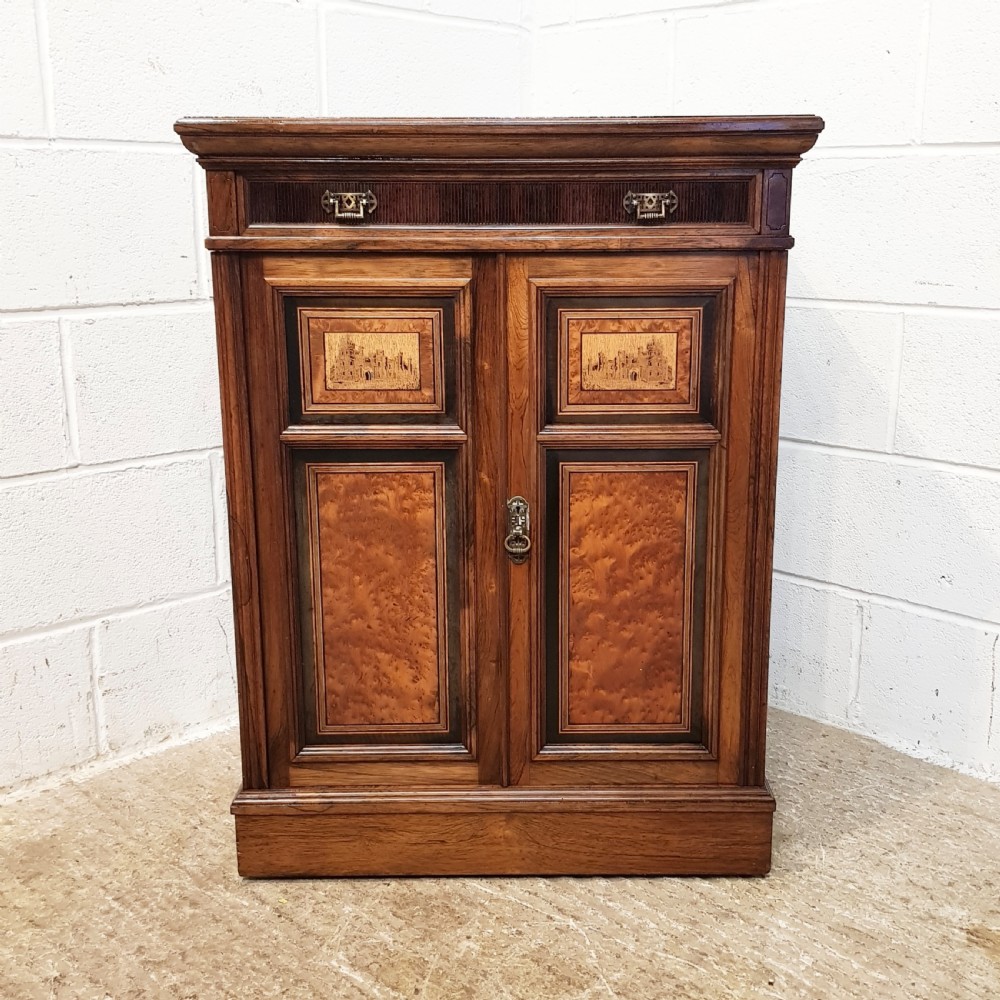 ANTIQUE LATE VICTORIAN ROSEWOOD BURR WALNUT & EBONY SIDE CABINET  C1890 View IV