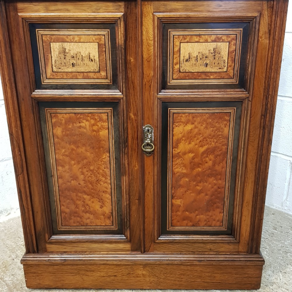 ANTIQUE LATE VICTORIAN ROSEWOOD BURR WALNUT & EBONY SIDE CABINET  C1890 View V