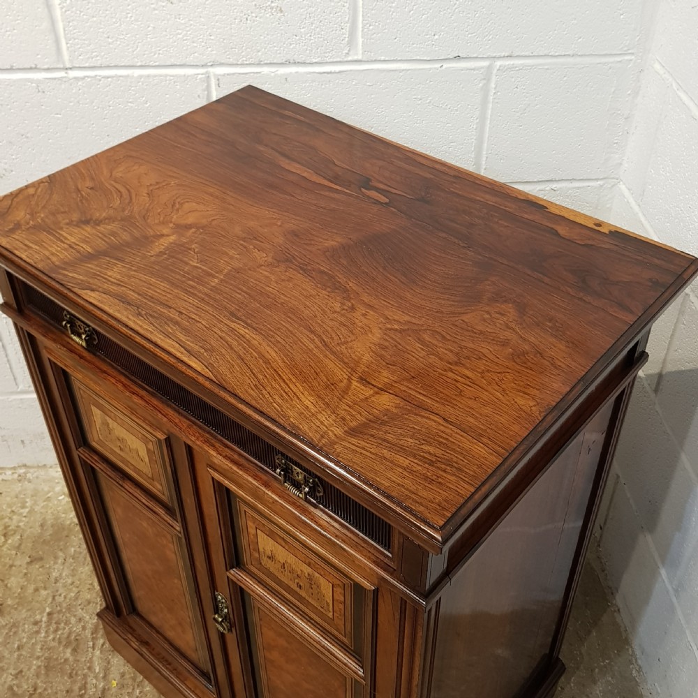 ANTIQUE LATE VICTORIAN ROSEWOOD BURR WALNUT & EBONY SIDE CABINET  C1890 View VI