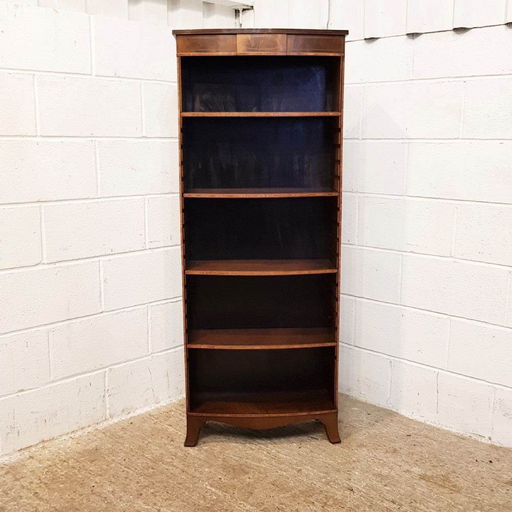 ANTIQUE TALL MAHOGANY BOW FRONT OPEN BOOKCASE C1920 View III