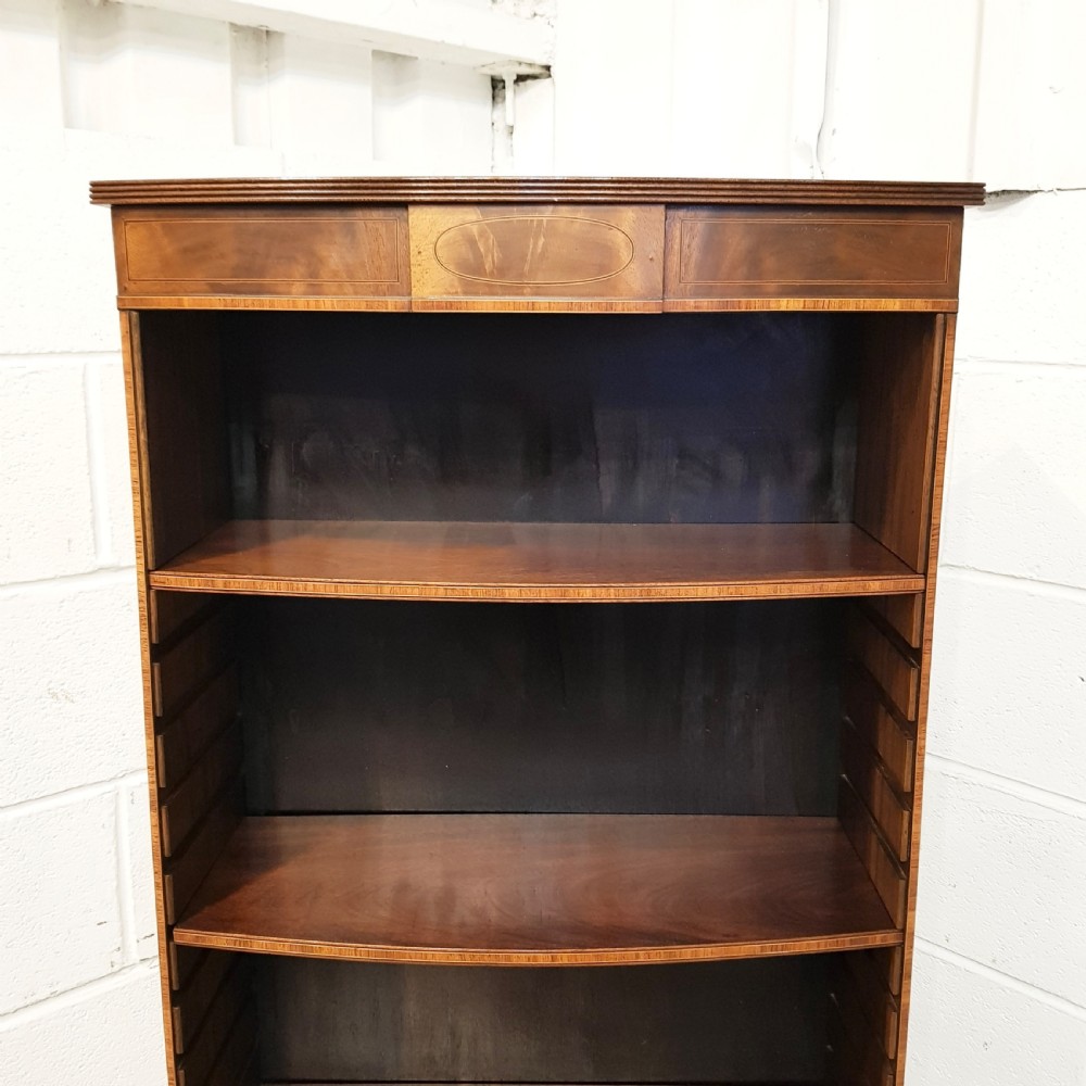 ANTIQUE TALL MAHOGANY BOW FRONT OPEN BOOKCASE C1920 View V