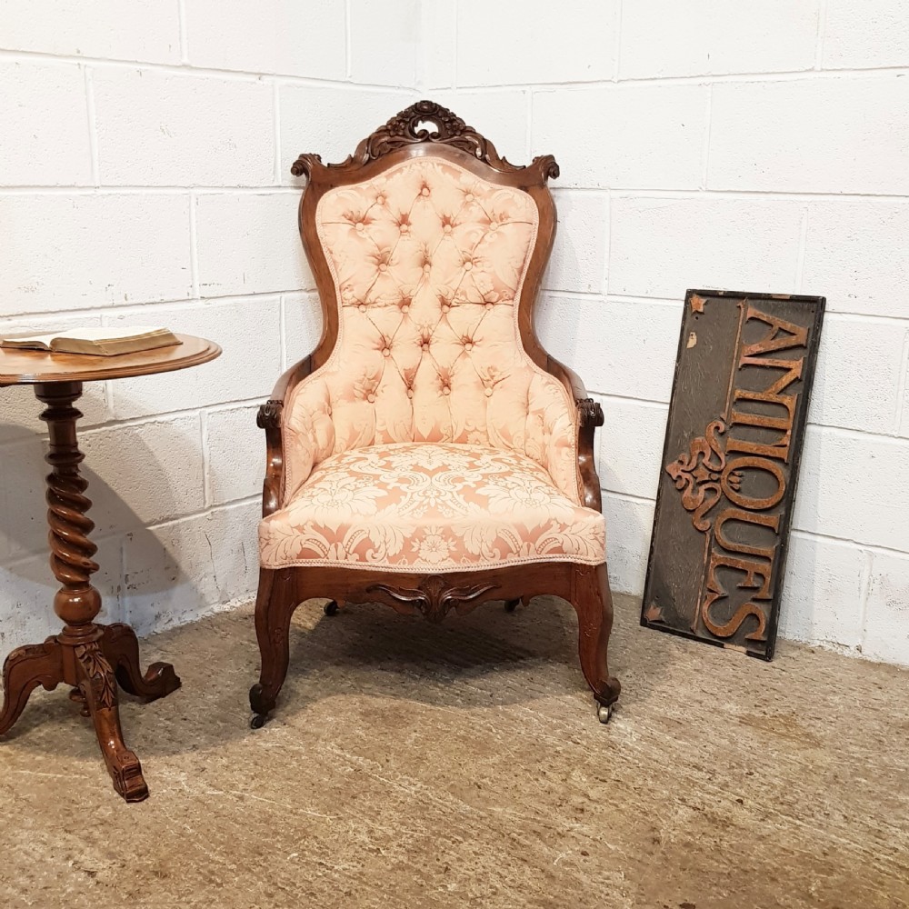 ANTIQUE 19TH  CENT BIEDERMEIER WALNUT SHOW FRAME SALON ARMCHAIR C1870