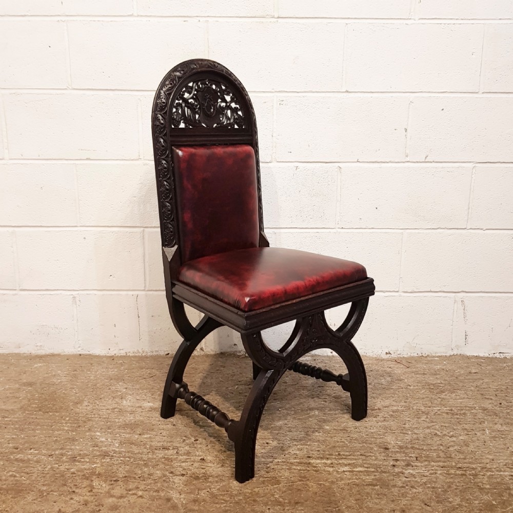ANTIQUE BLACK FOREST CARVED OAK HALL CHAIR C 1900 View VI