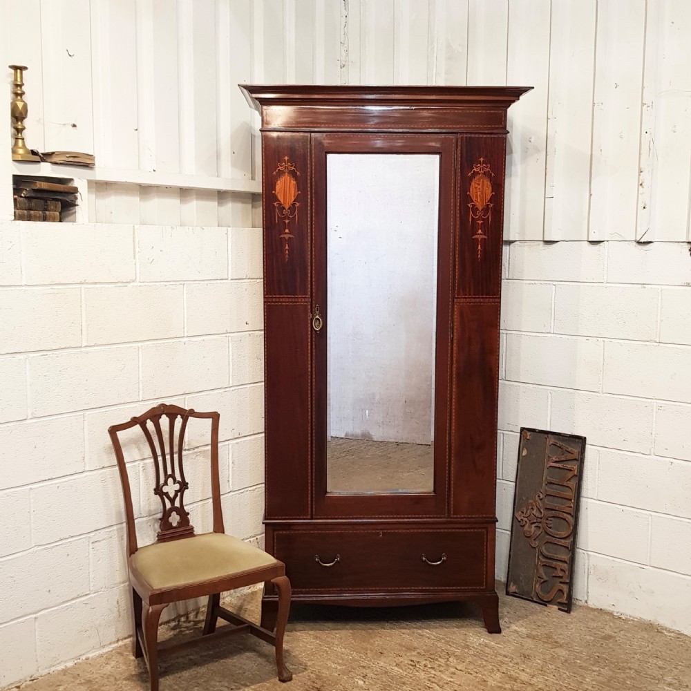 ANTIQUE EDWARDIAN INLAID MAHOGANY SINGLE WARDROBE C1900