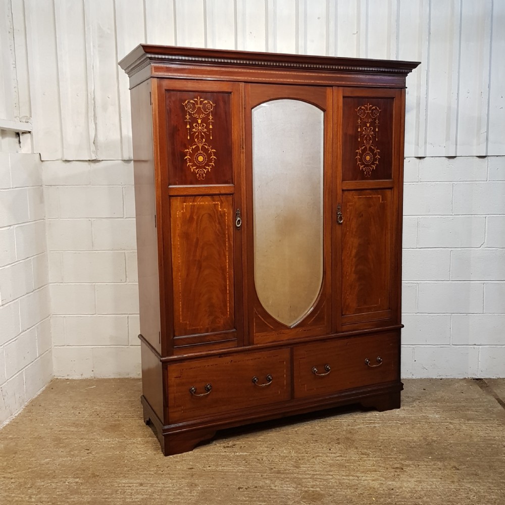 ANTIQUE EDWARDIAN INLAID MAHOGANY TRIPLE WARDROBE C1900 View VII