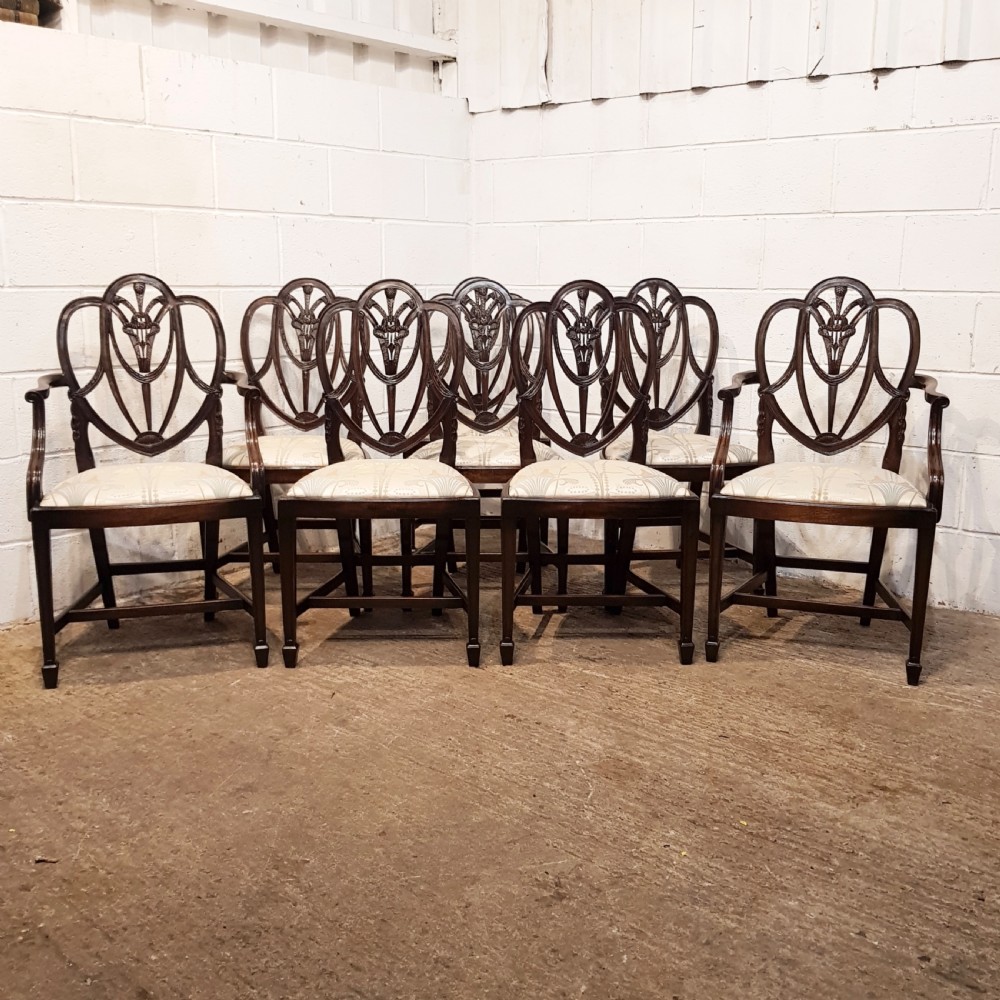 ANTIQUE SET EIGHT EDWARDIAN HEPPLEWHITE MAHOGANY DINING CHAIRS C1900