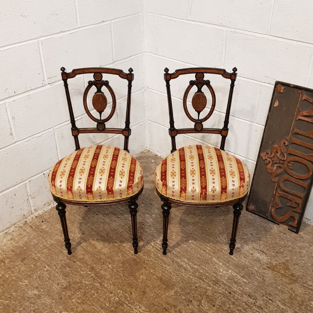 ANTIQUE PAIR VICTORIAN AESTHETIC EBONY &  BURR WALNUT SALON CHAIRS C1890