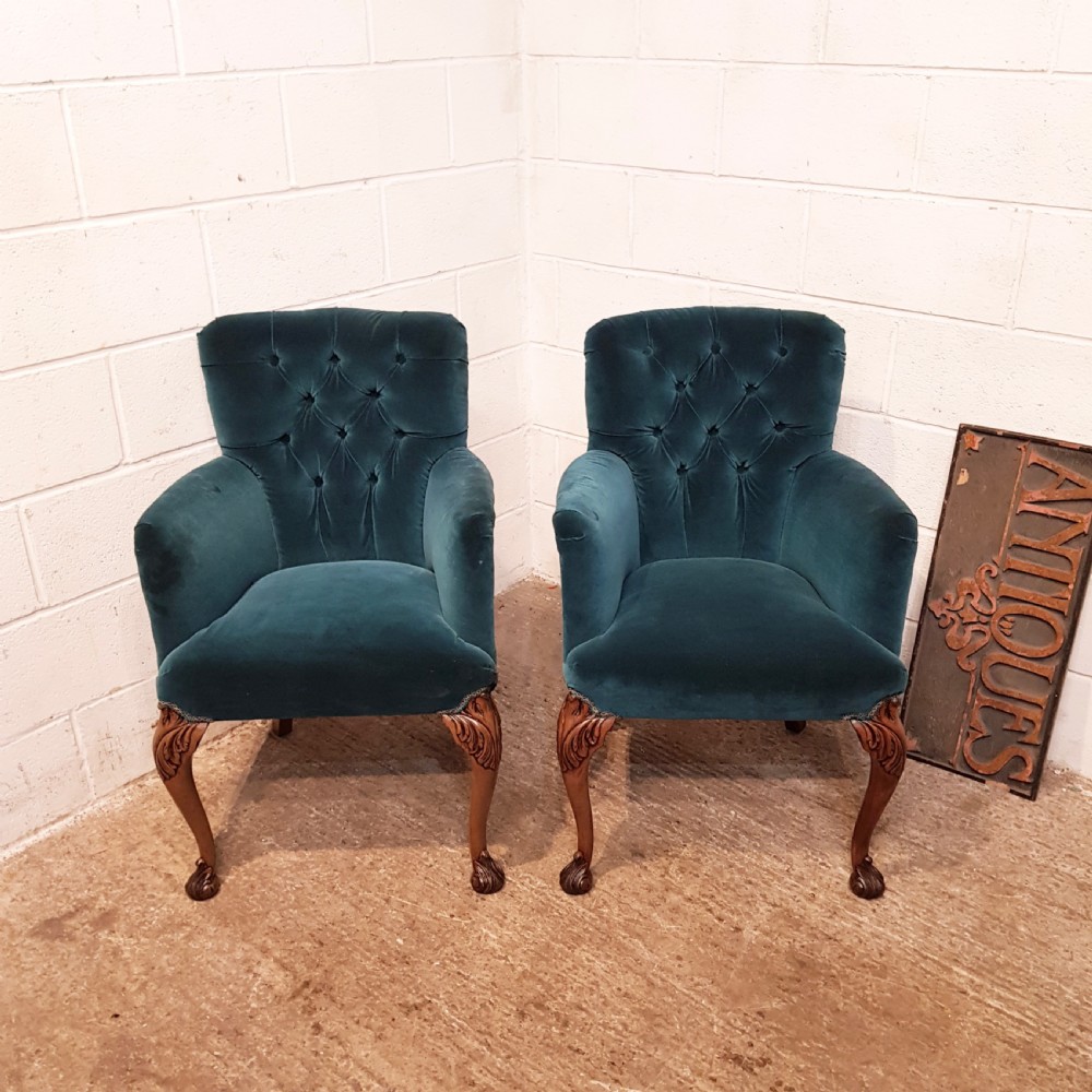 ANTIQUE PAIR VELVET TUB SALON CHAIRS C1920
