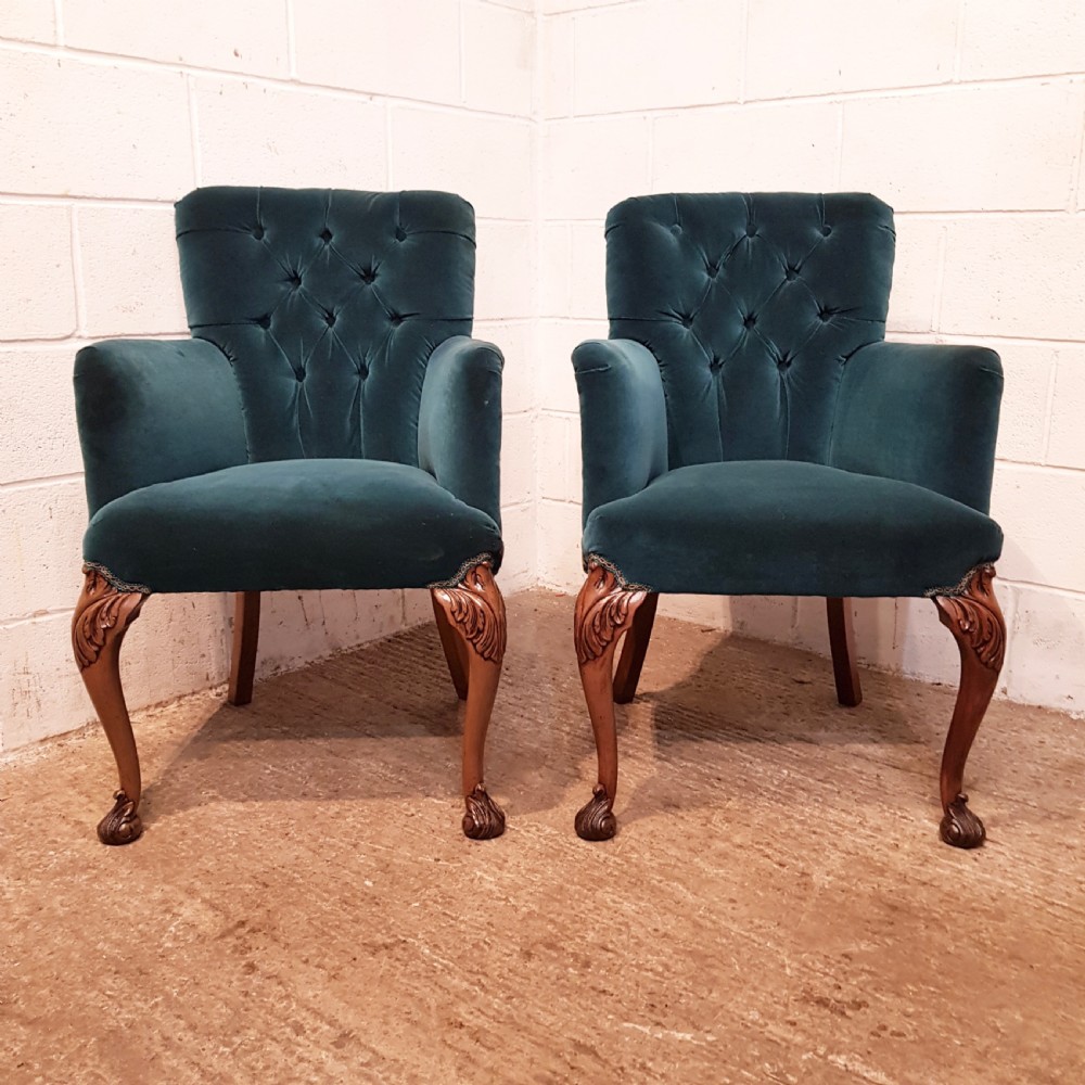 ANTIQUE PAIR VELVET TUB SALON CHAIRS C1920 View X