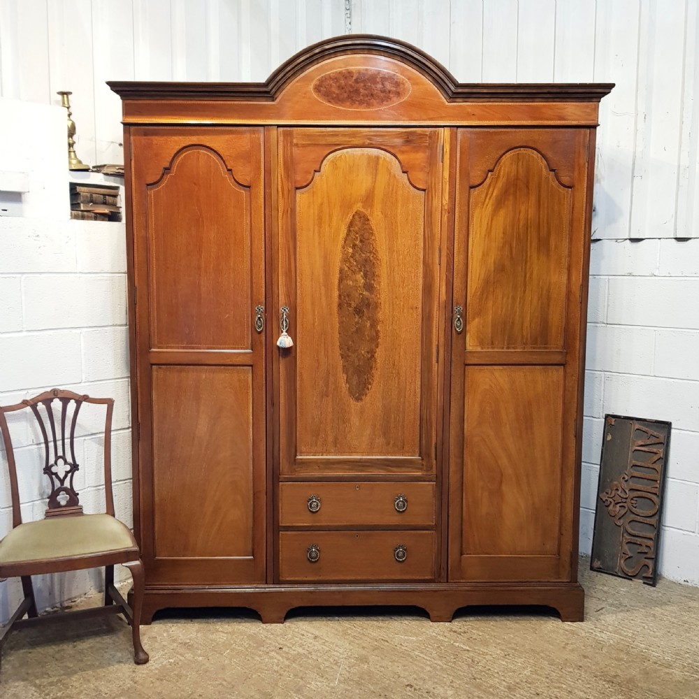 ANTIQUE MAHOGANY INLAID TRIPLE WARDROBE C1900
