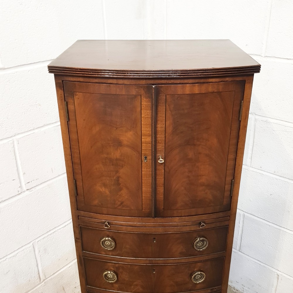 ANTIQUE GENTS MAHOGANY BOW FRONT TALL BOY WITH BRUSHING SLIDE C1920 View IV