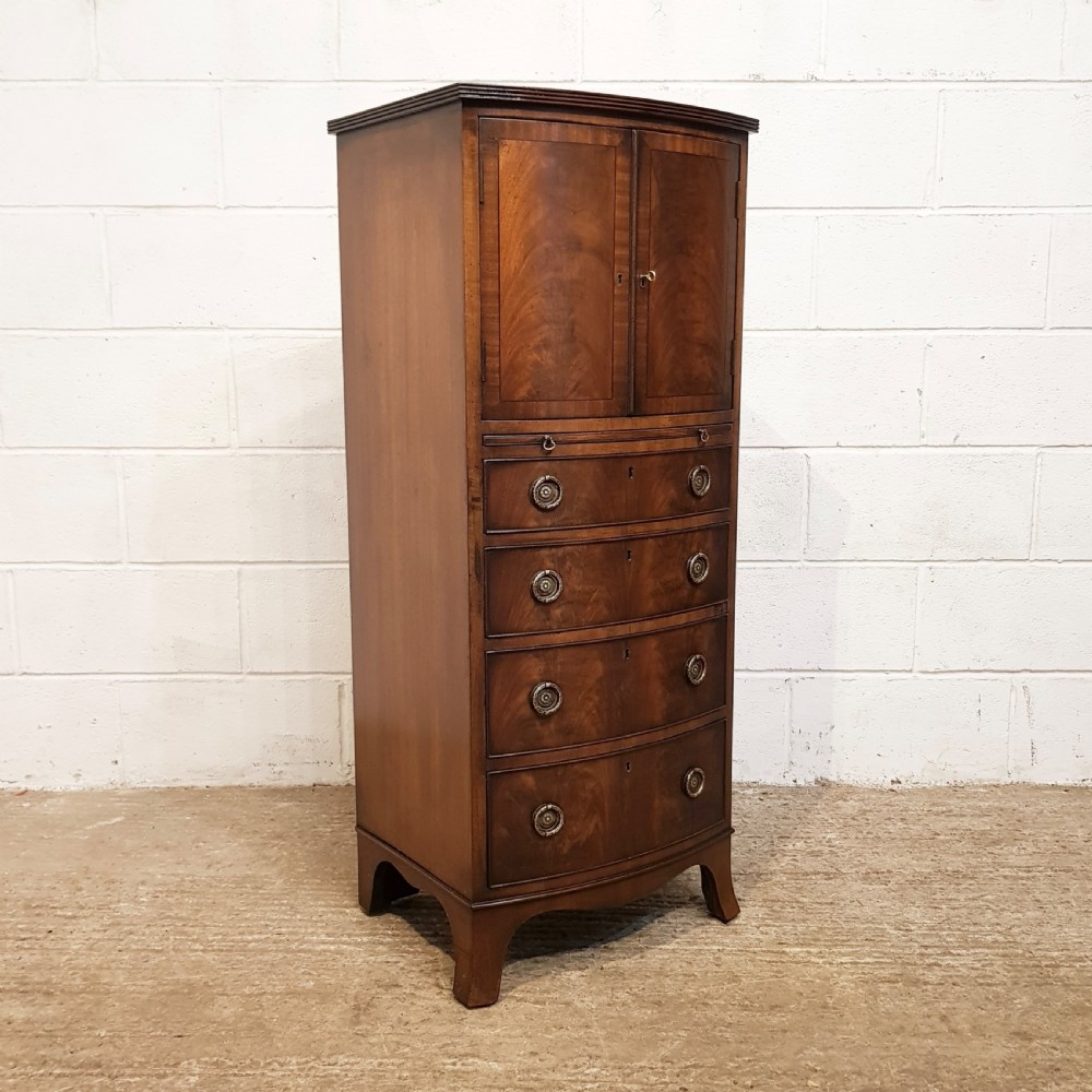 ANTIQUE GENTS MAHOGANY BOW FRONT TALL BOY WITH BRUSHING SLIDE C1920 View VI