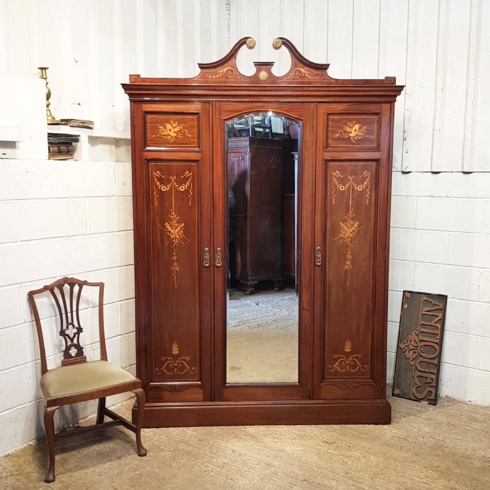 ANTIQUE EDWARDIAN INLAID MAHOGANY TRIPLE WARDROBE C1900