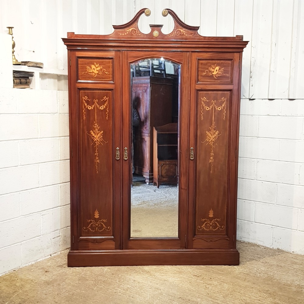 ANTIQUE EDWARDIAN INLAID MAHOGANY TRIPLE WARDROBE C1900 View X