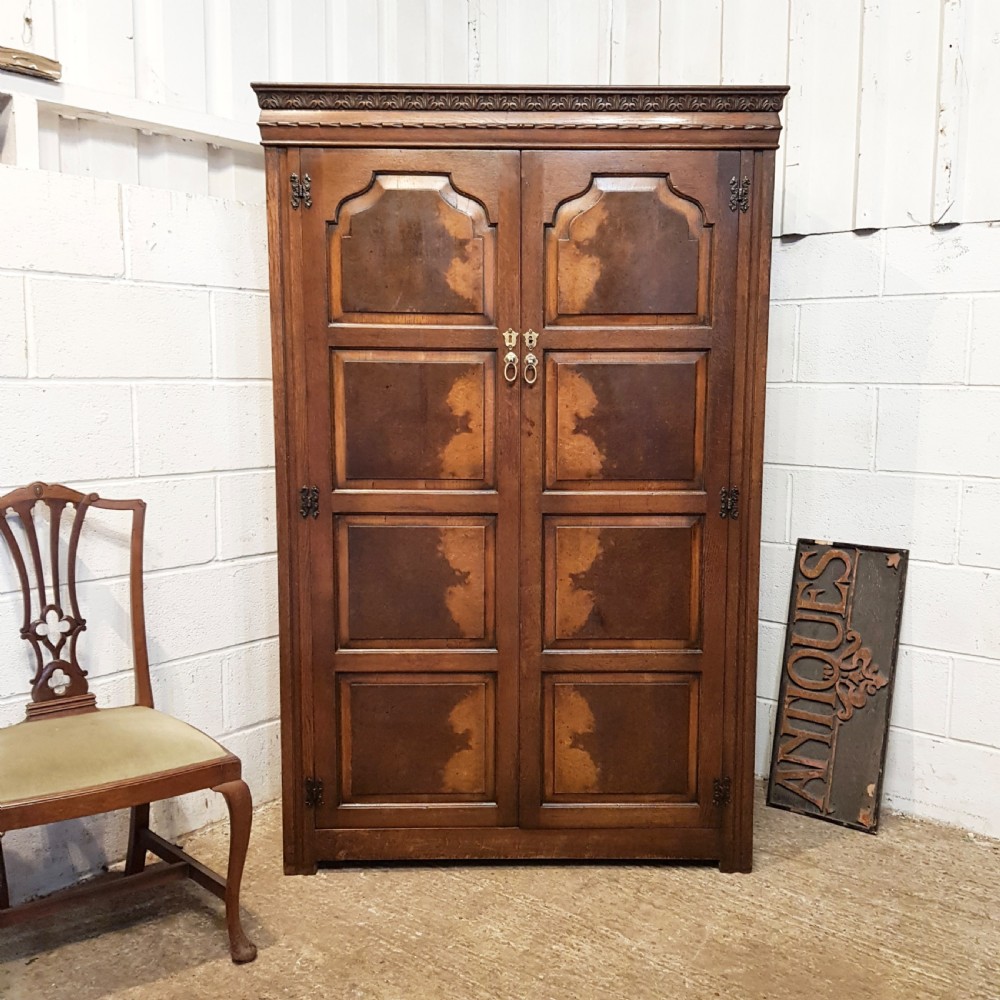 ANTIQUE EDWARDIAN OAK & BURR WALNUY DOUBLE WARDROBE C1910