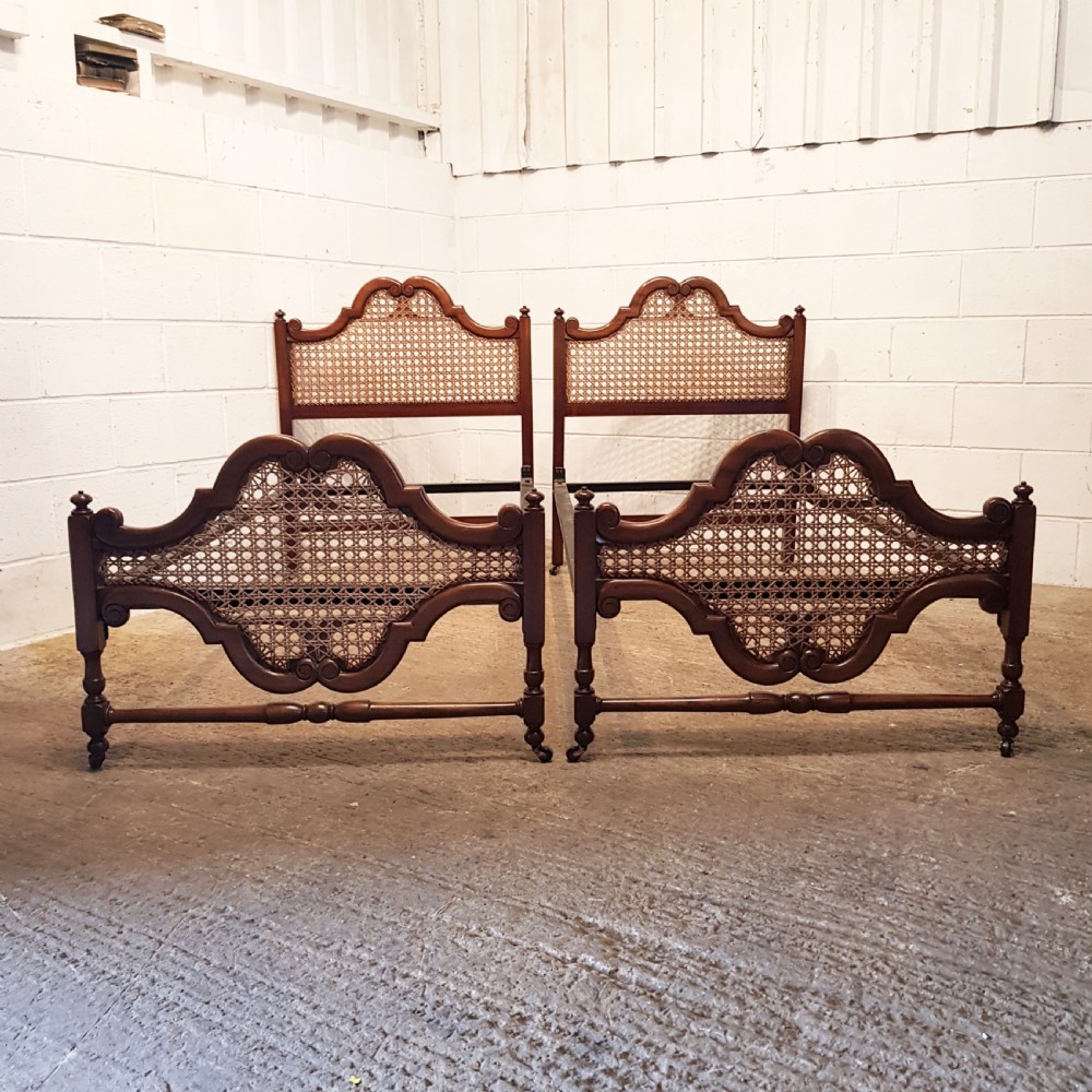 ANTIQUE PAIR EDWARDIAN MAHOGANY SINGLE BEDS WITH BERG ERE PANELS C1910