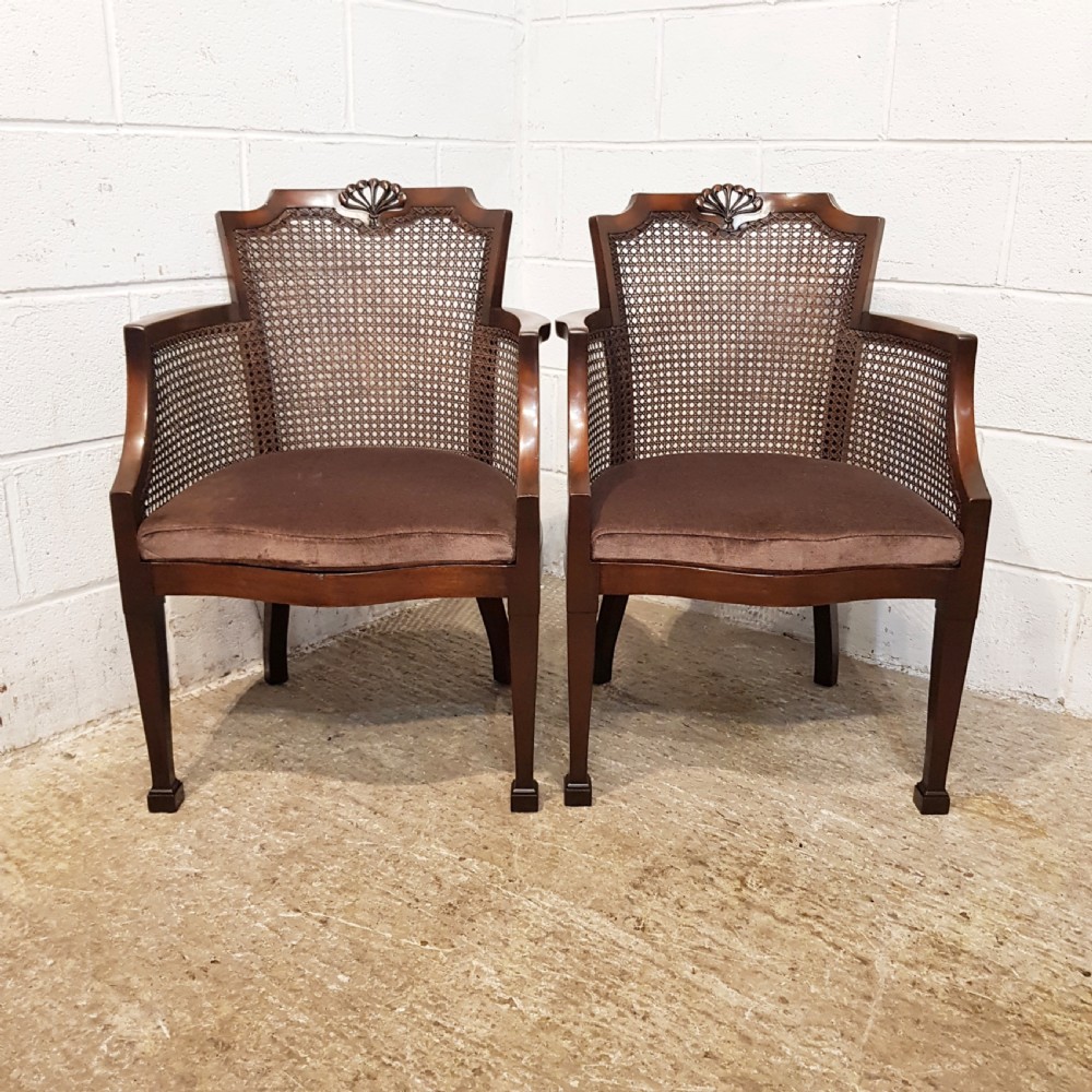 ANTIQUE PAIR MAHOGANY BERGERE LIBRARY SALON CHAIRS C1920 View VIII