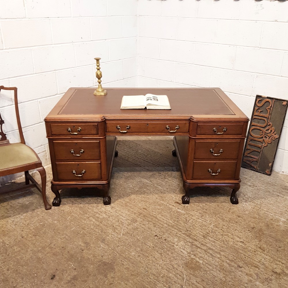 ANTIQUE LARGE MAHOGANY LEATHER TOP PEDESTAL DESK C1920