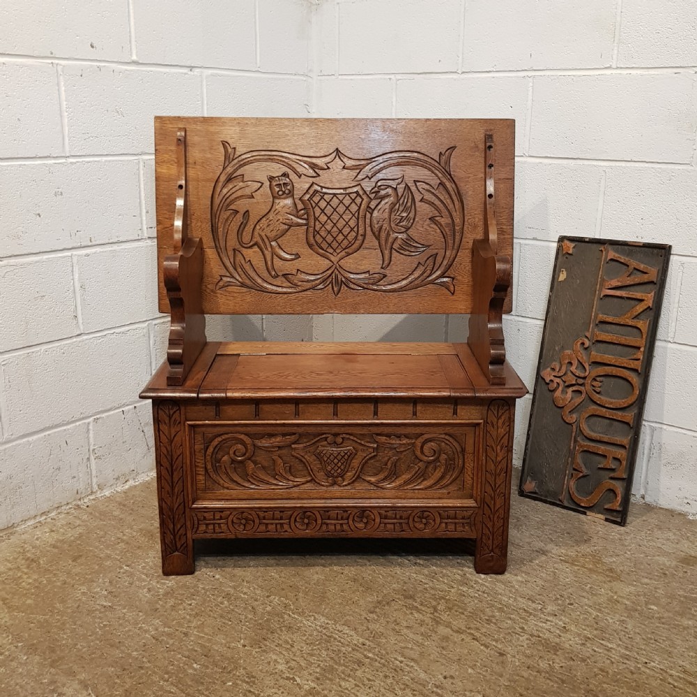 ANTIQUE CARVED OAK MONKS BENCH C1900