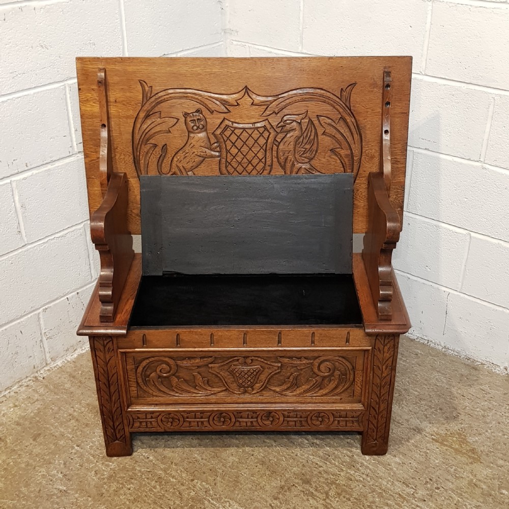 ANTIQUE CARVED OAK MONKS BENCH C1900 View II