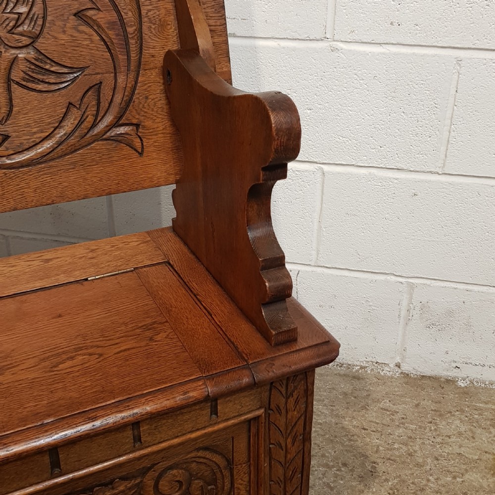 ANTIQUE CARVED OAK MONKS BENCH C1900 View III