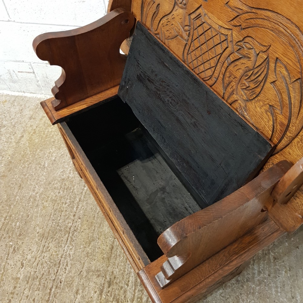 ANTIQUE CARVED OAK MONKS BENCH C1900 View IV