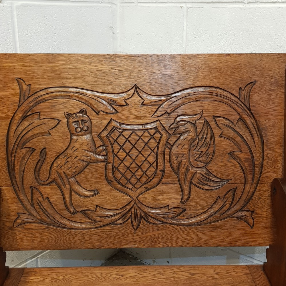 ANTIQUE CARVED OAK MONKS BENCH C1900 View V