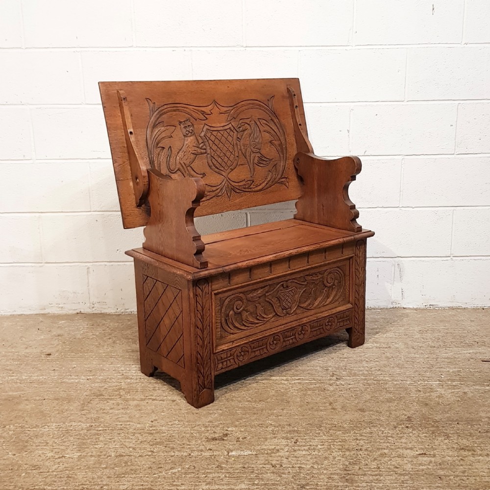 ANTIQUE CARVED OAK MONKS BENCH C1900 View VI