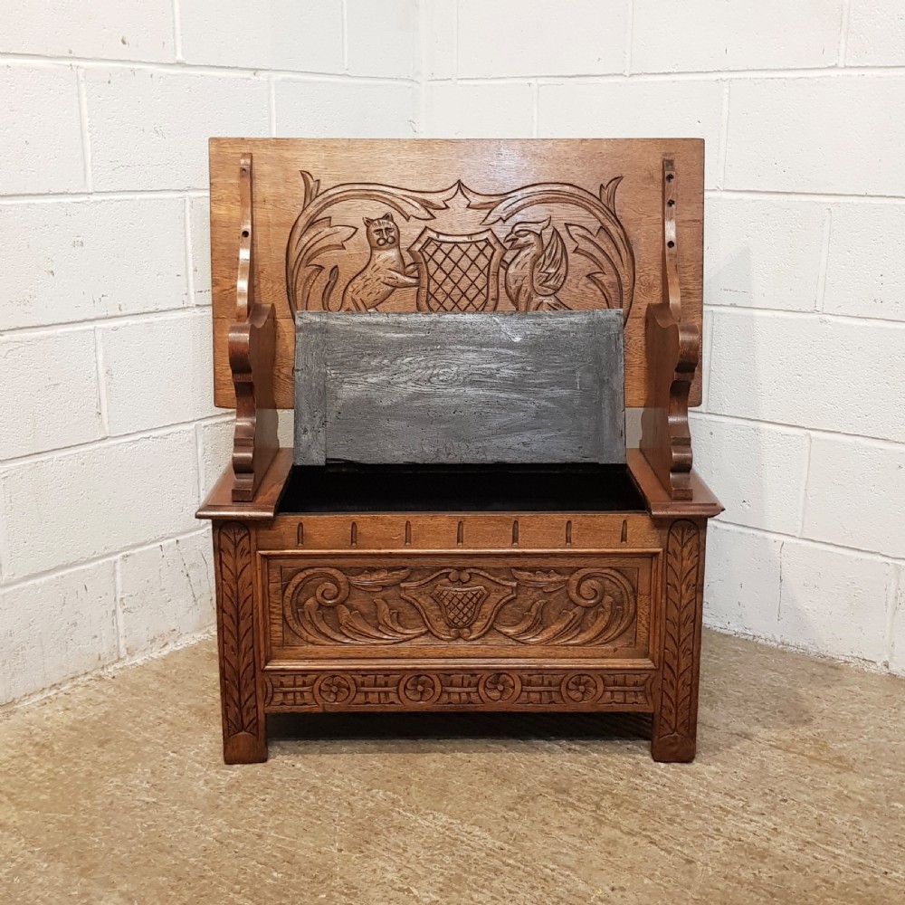 ANTIQUE CARVED OAK MONKS BENCH C1900 View VIII