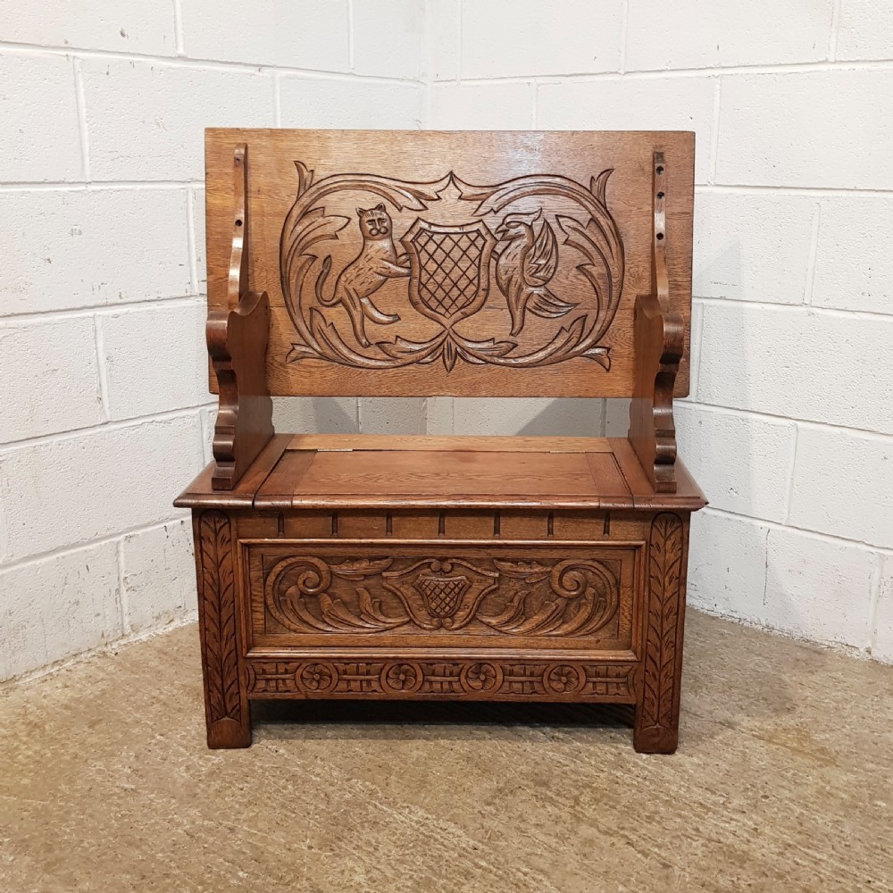 ANTIQUE CARVED OAK MONKS BENCH C1900 View IX