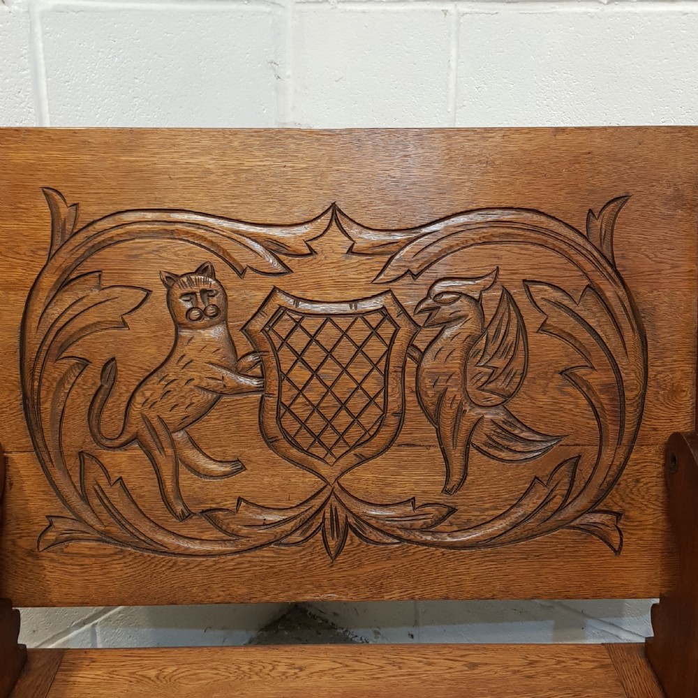 ANTIQUE CARVED OAK MONKS BENCH C1900 View X