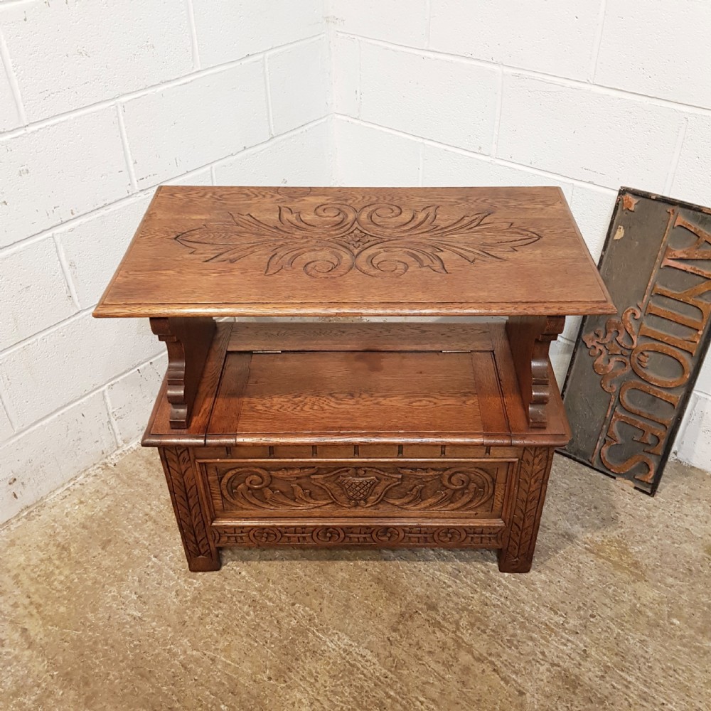 ANTIQUE CARVED OAK MONKS BENCH C1900 View XI