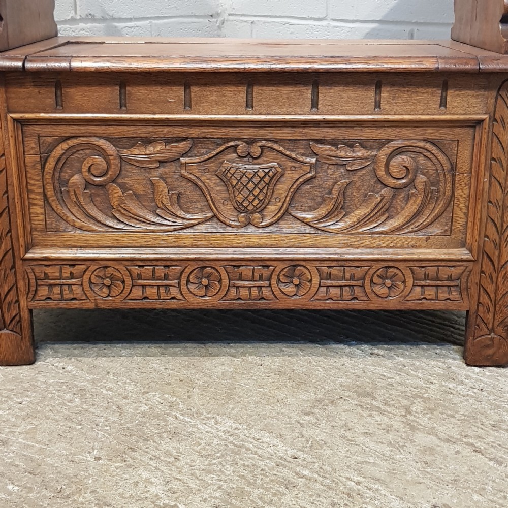 ANTIQUE CARVED OAK MONKS BENCH C1900 View XII