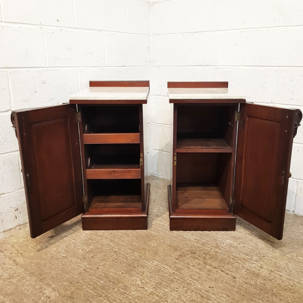 ANTIQUE PAIR VICTORIAN MAHOGANY  MARBLE TOP BEDSIDE CABINETS C1880 View II