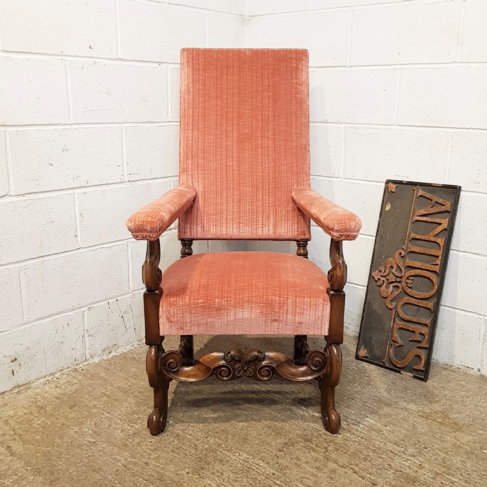 ANTIQUE EDWARDIAN GOTHIC WALNUT FRAMED ARMCHAIR C1900
