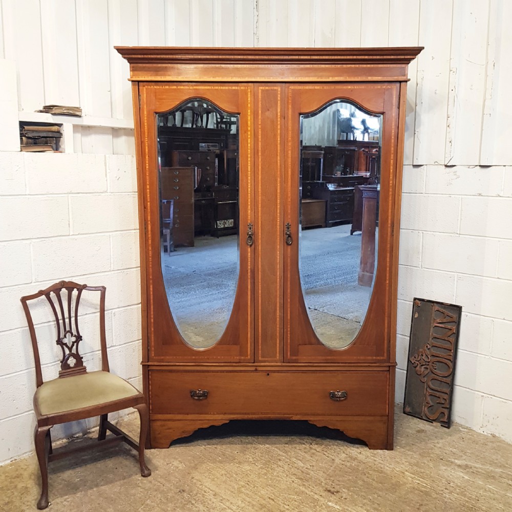 ANTIQUE EDWARDIAN MAHOGANY INLAID DOUBLE WARDROBE C1900