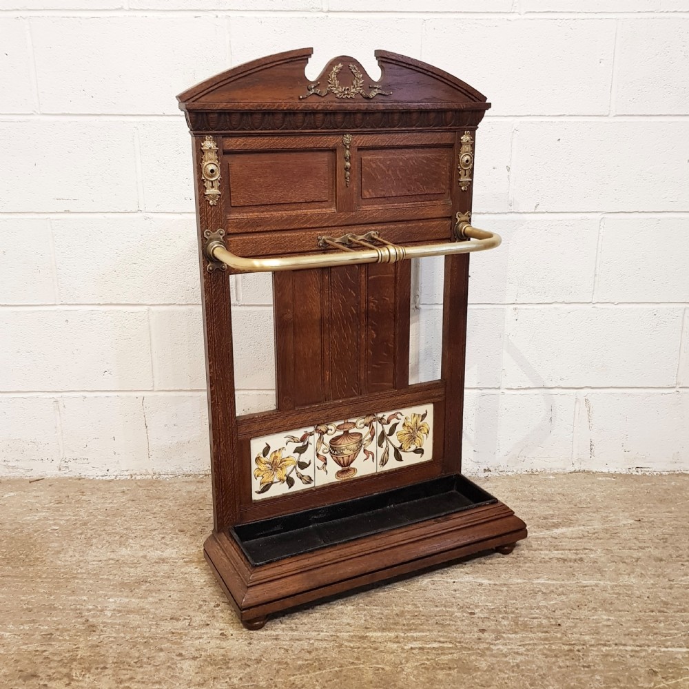 ANTIQUE VICTORIAN OAK & BRASS UMBRELLA  STICK STAND C1880
