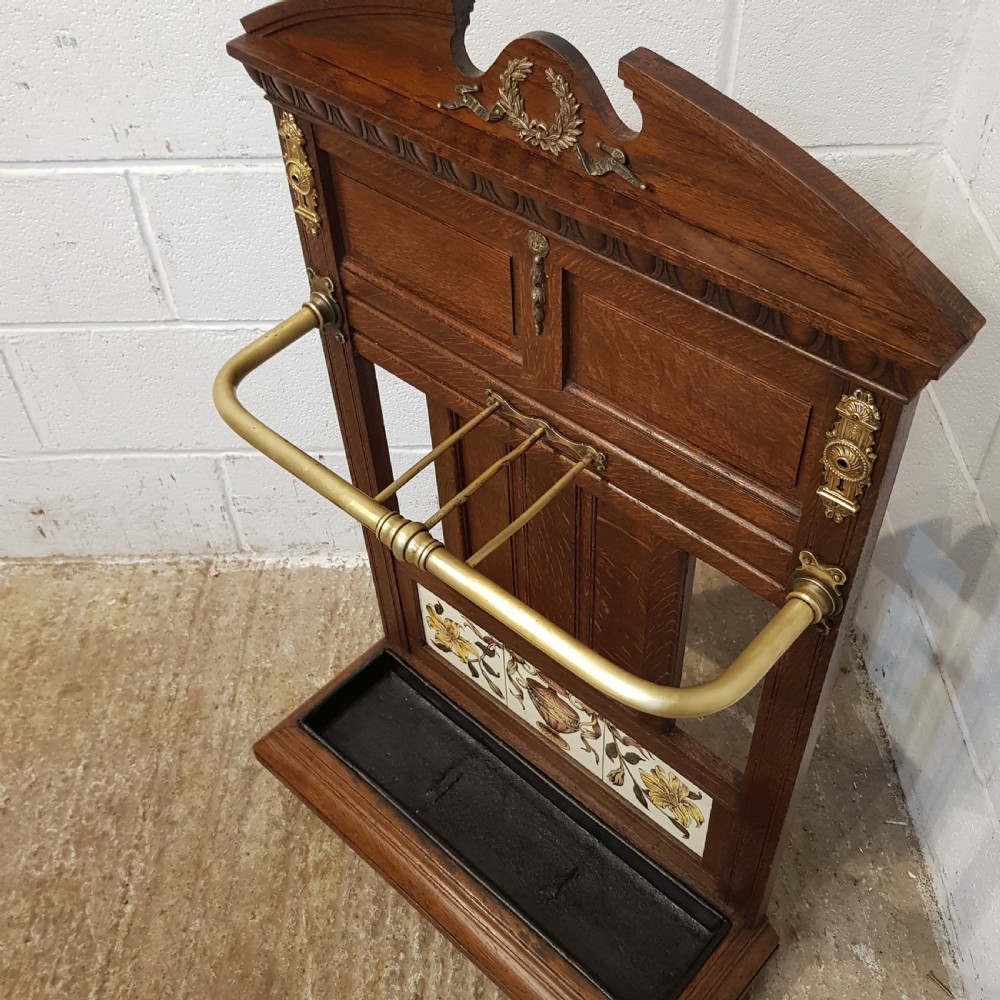ANTIQUE VICTORIAN OAK & BRASS UMBRELLA  STICK STAND C1880 View II