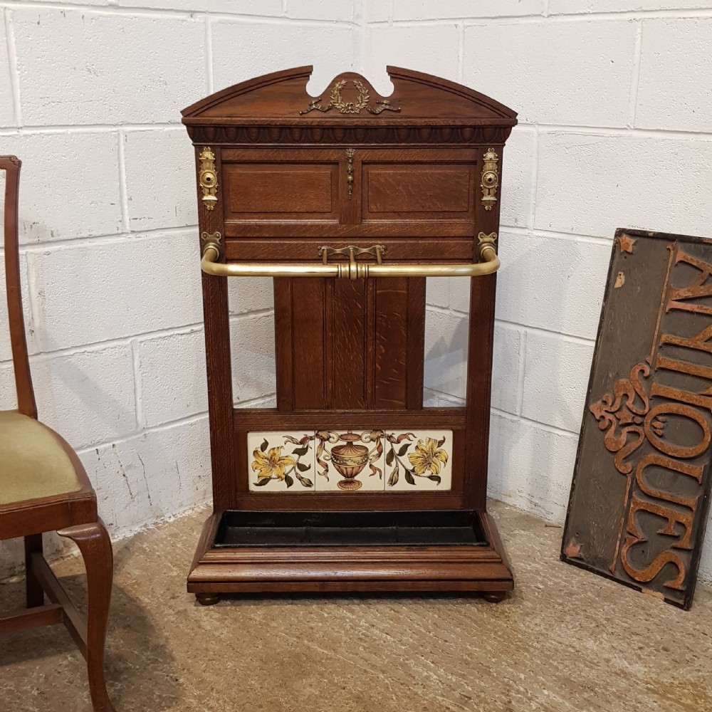ANTIQUE VICTORIAN OAK & BRASS UMBRELLA  STICK STAND C1880 View III