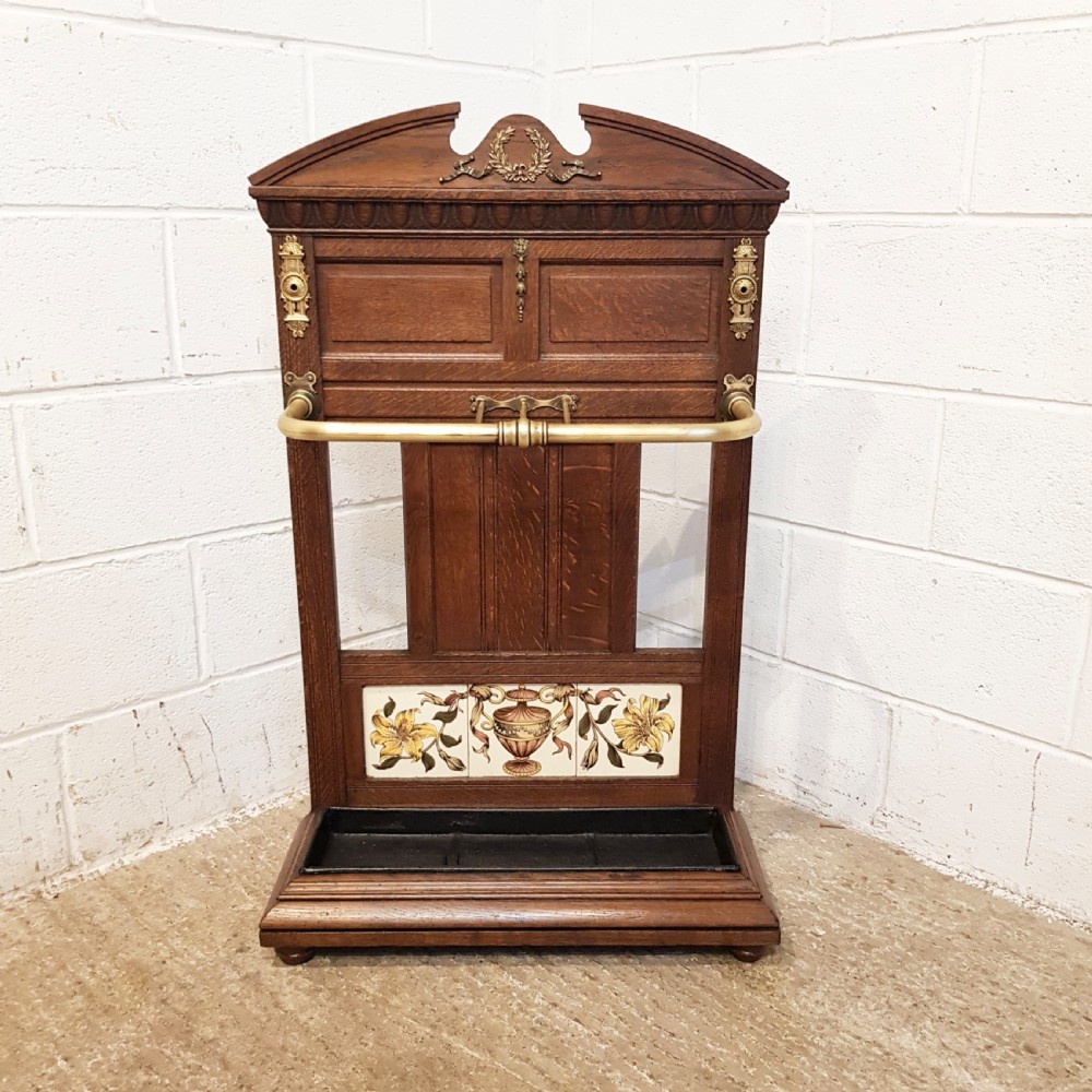 ANTIQUE VICTORIAN OAK & BRASS UMBRELLA  STICK STAND C1880 View VII
