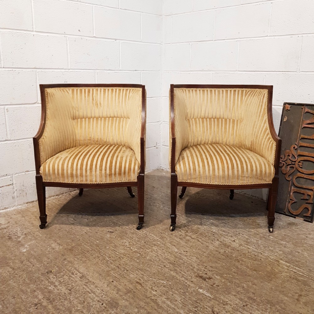 ANTIQUE PAIR EDWARDIAN MAHOGANY HIGH BACKED SALON TUB CHAIRS C1900