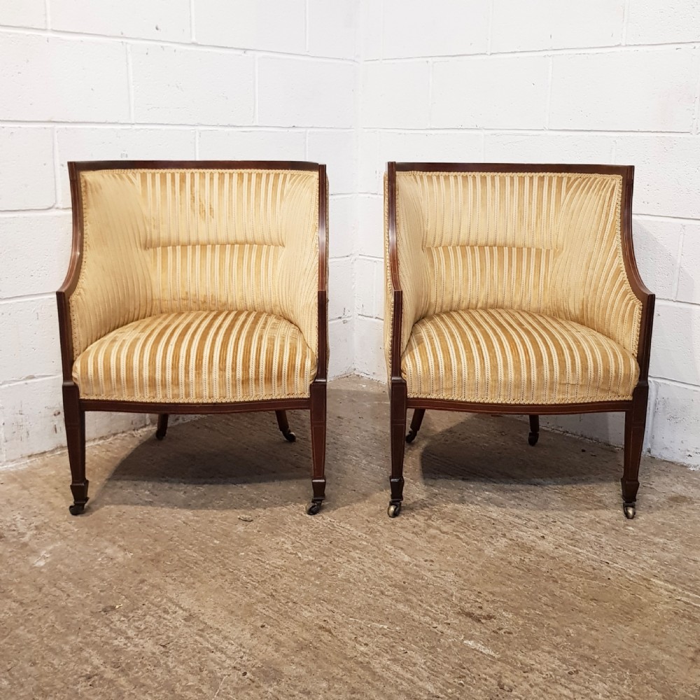 ANTIQUE PAIR EDWARDIAN MAHOGANY HIGH BACKED SALON TUB CHAIRS C1900 View XI