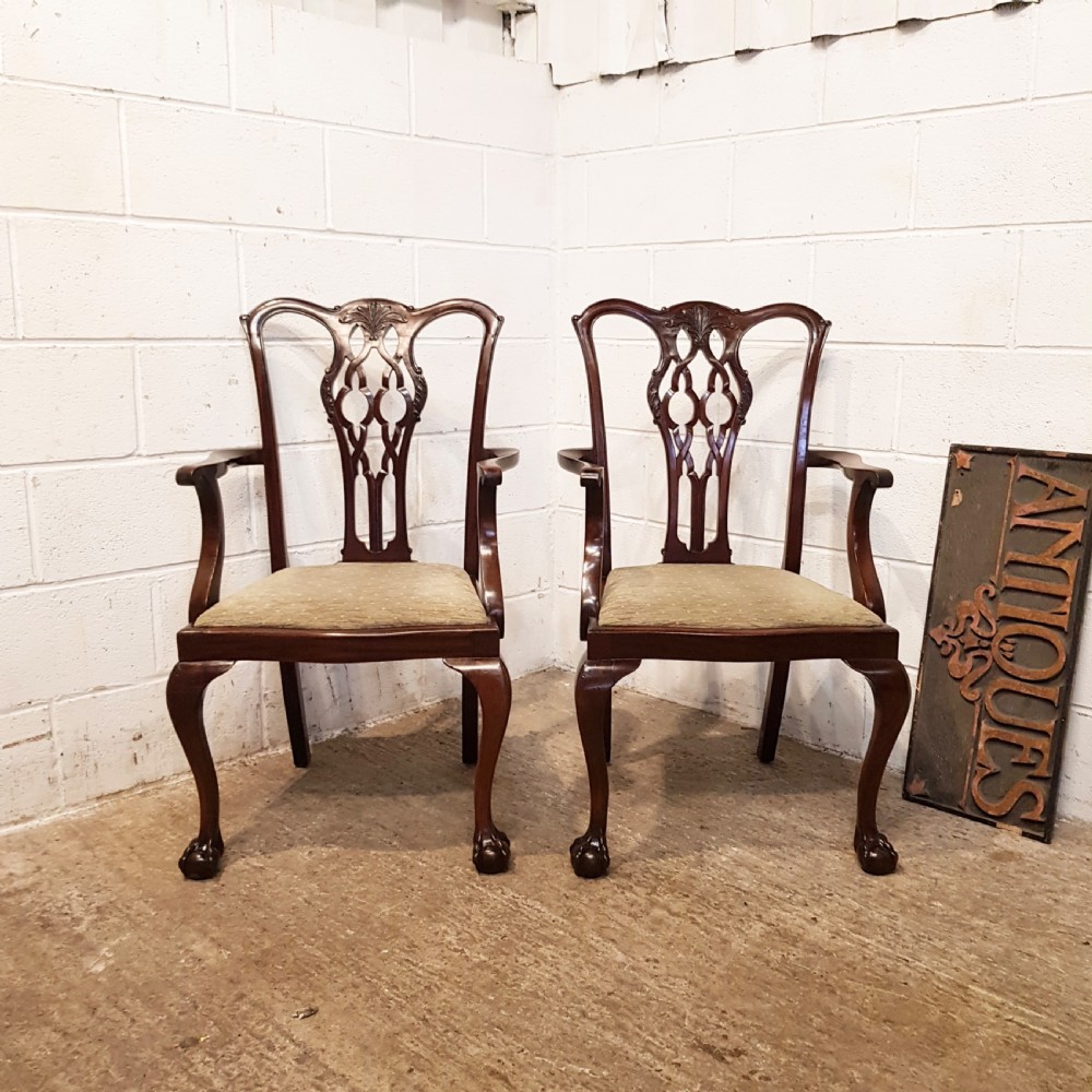 ANTIQUE PAIR EDWARDIAN CHIPPENDALE MAHOGANY SALON LIBRARY CHAIRS C1900