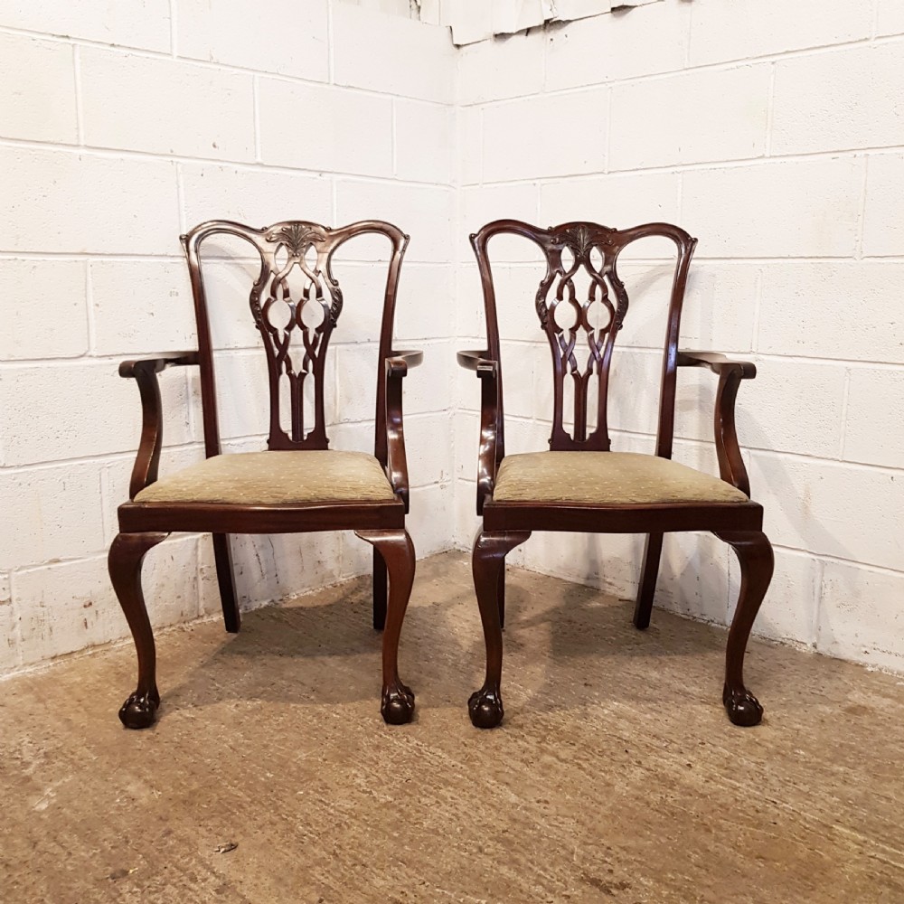 ANTIQUE PAIR EDWARDIAN CHIPPENDALE MAHOGANY SALON LIBRARY CHAIRS C1900 View III