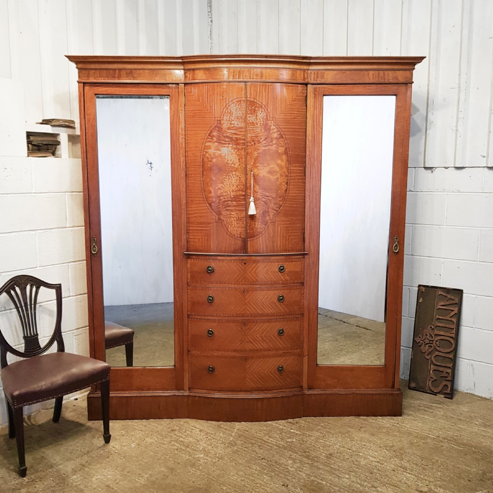 ANTIQUE VICTORIAN SATINWOOD TRIPLE WARDROBE COMPACTUM C1880